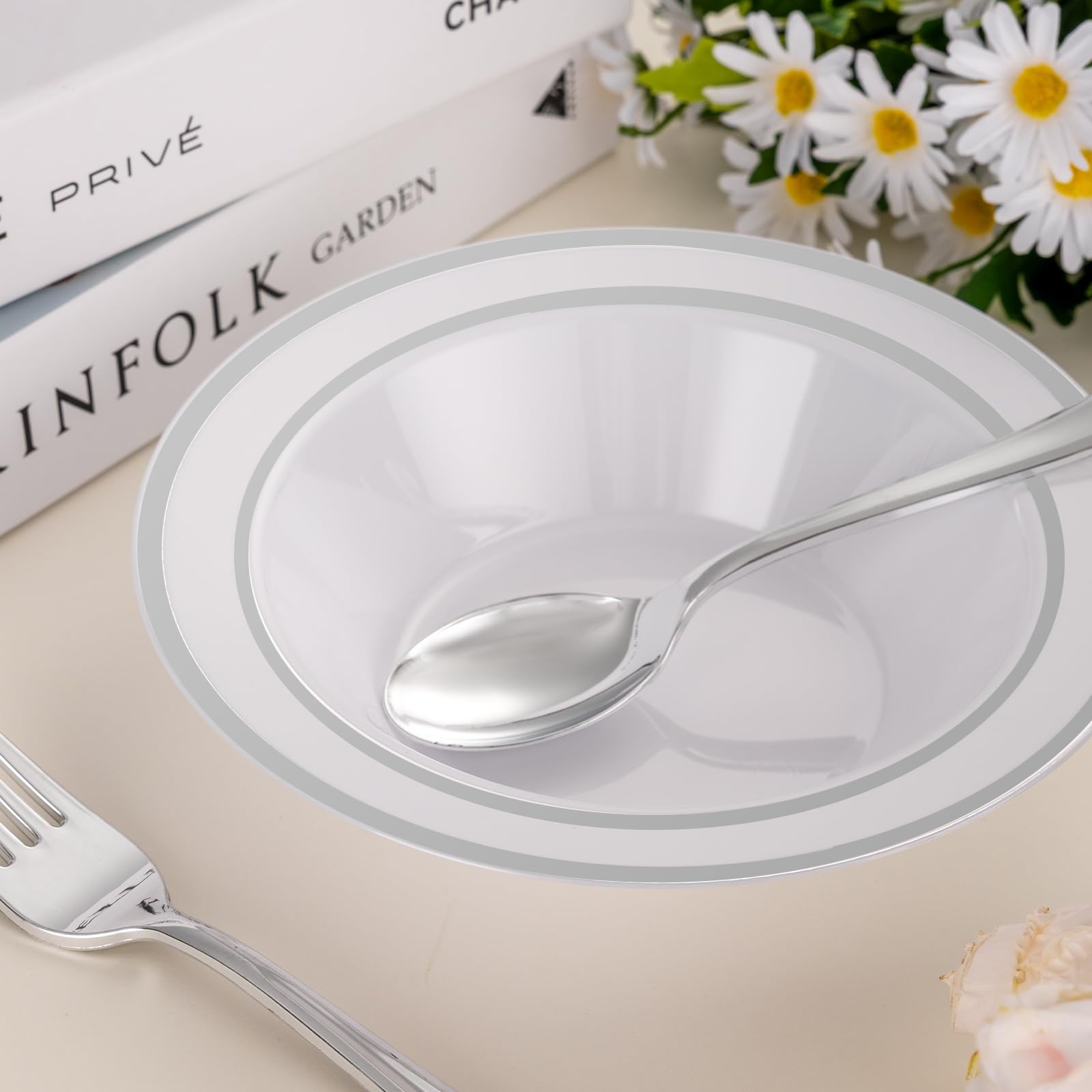 Disposable Soup Bowls with Silver Rim - 50 Pack -5 Disposable Soup Bowls with Silver Rim - 50 Pack -5