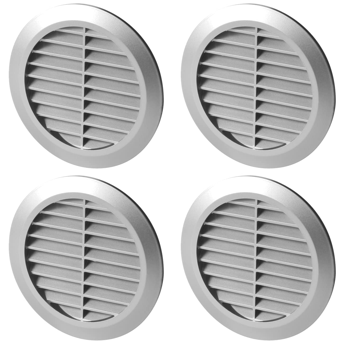 4 Pcs of Silver Louvred Wall Vent Grille with Flyscreen for Ø 100 mm / 4" Round Wall Outlet - Air Ventilation Duct Cover with Anti-Insect Mesh and Rear Spigot, Tough and Durable ABS Plastic
