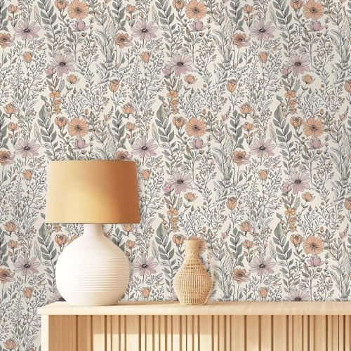 LHIUEM Peel and Stick Beige Wallpaper Pink Floral Self Adhesive Removable Waterproof Boho Flower Leaf Botanical Wall Paper for Bathroom Bedroom Living Room Nursery Boho Home Decor(17.3x118inch) by LHIUEM - Image 6
