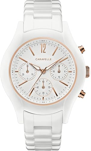 Bulova Reloj de cerámica de dos tonos de cuarzo cronógrafo deportivo para mujer, esfera blanca 45L174, Blanco, Pulsera de cerámica blanca de