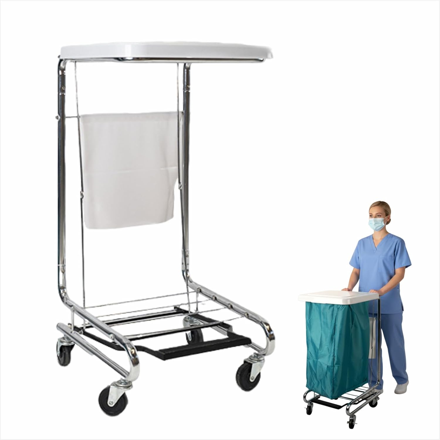 Nurse Laundry Cart – Stainless Steel Frame Utility Cart Without Bag, Rolling Hamper for Clinics, Nursing Homes, and Workplaces (Silvery Car)