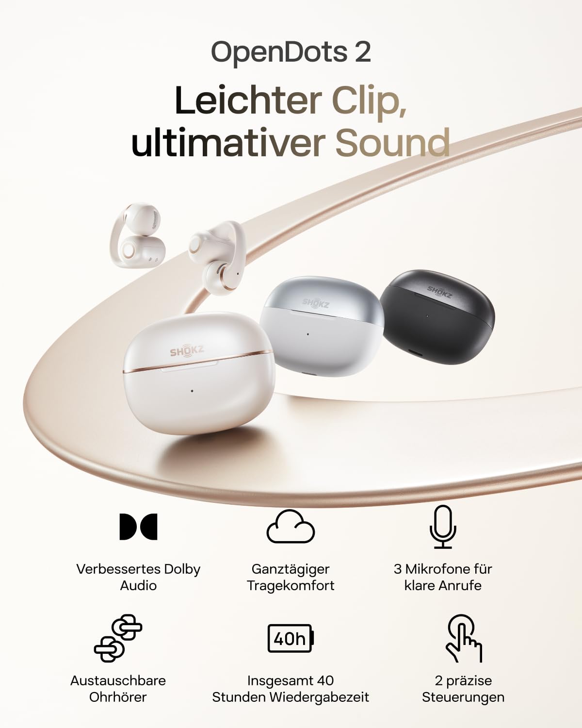SHOKZ OpenDots 2 Open-Ear Clip-On Earbuds, verbessertes Dolby Audio mit Deep Bass, 40 Std. Laufzeit, Bluetooth 6.1,IP57 wasserdicht, klare Anrufe Dank 3 Mik. für Alltag, kabelloses Laden, Schwarz