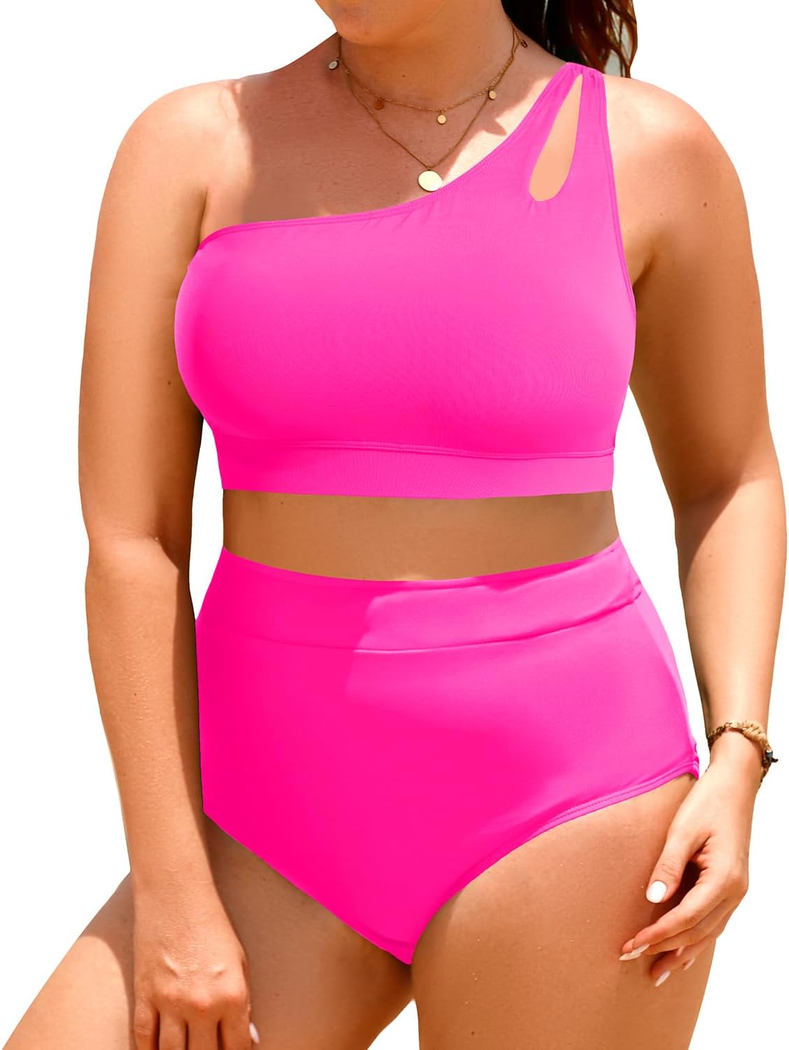 Tempt Me Plus Size High Waisted Bikini Set for Women Two Piece One Shoulder Swimsuit Keyhole Bathing Suits 20 Plus Hot Pink
