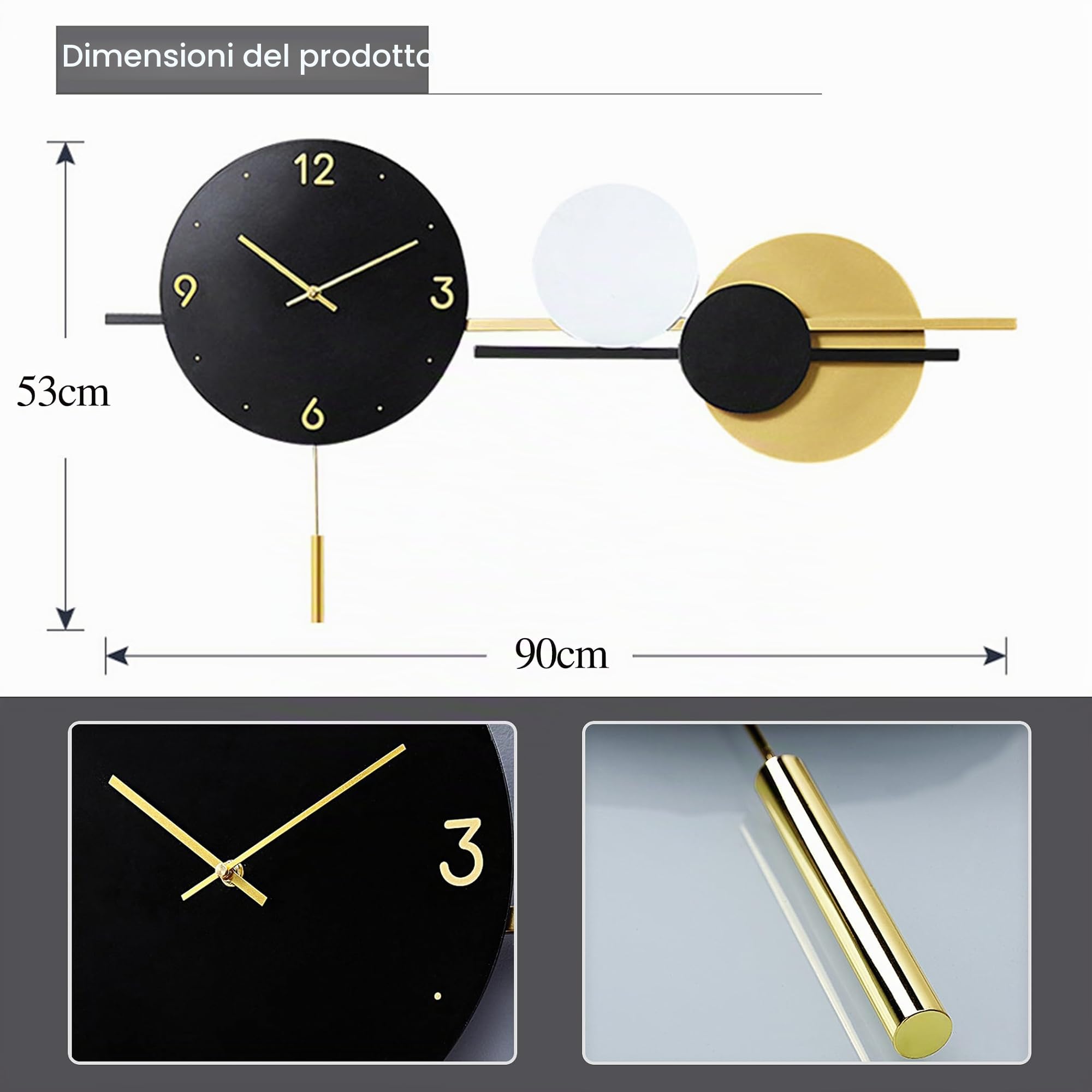 Orologio da parete grande, orologio da parete senza ticchettio con pendolo, orologi da parete moderni geometrici rotondi digitali, decorazione da parete per soggiorno, orologio da parete