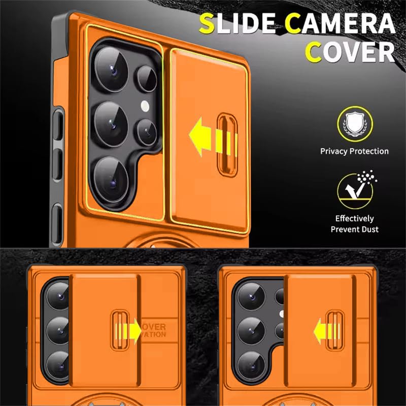 Image of LuxuryKase Shockproof Rugged Case for Samsung Galaxy S24 Ultra | Slide Camera Cover | 360 Rotating Ring Kickstand | Military-Grade Protection - Sunset Orange