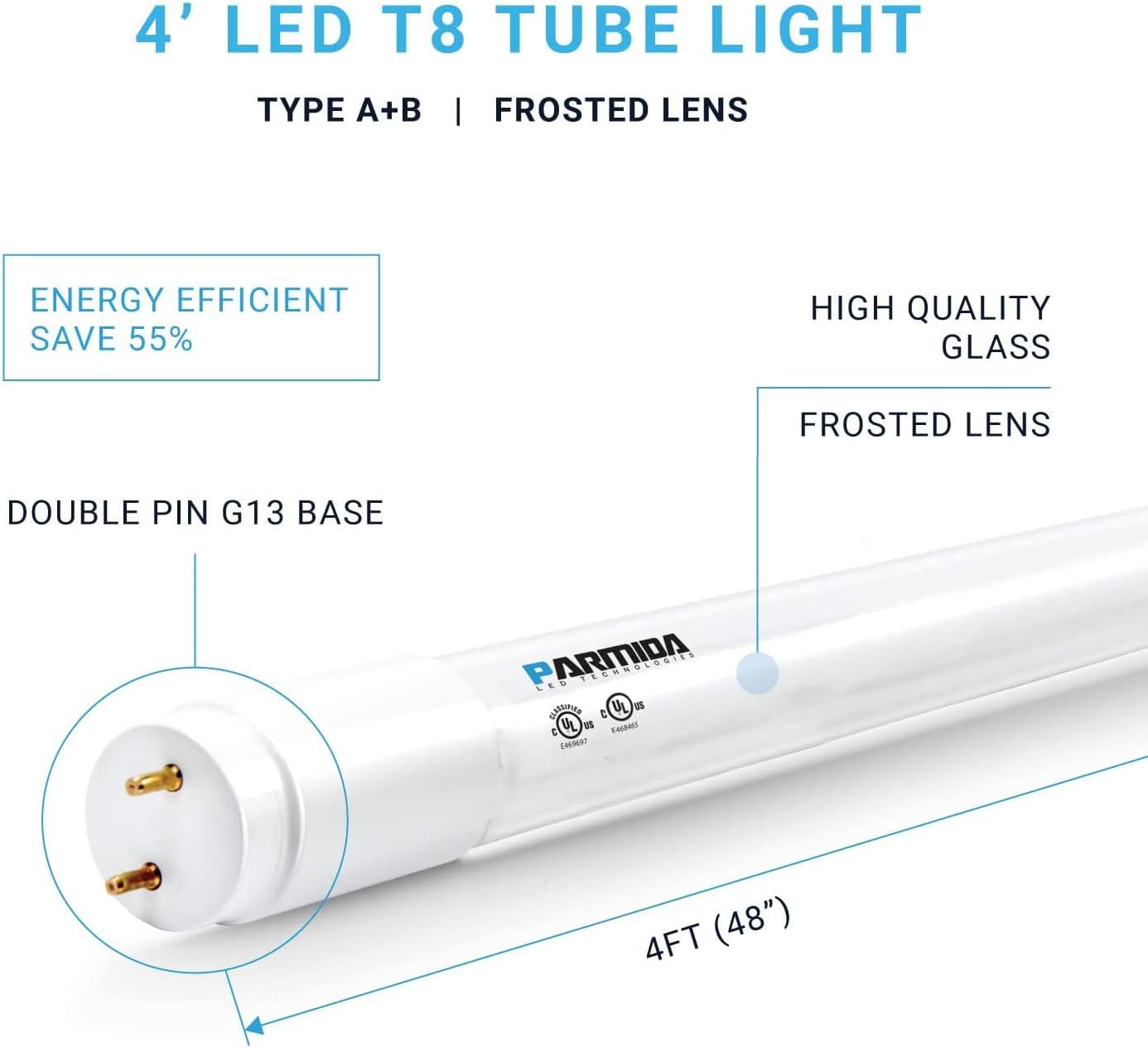 PARMIDA 20-Pack 4FT LED T8 Hybrid Type A+B Light Tube, 18W, Plug & Play or Ballast Bypass, Single-Ended OR Double-Ended Connection, 2200lm, Frosted Cover, T8 T10 T12, UL - 5000K thumbnail