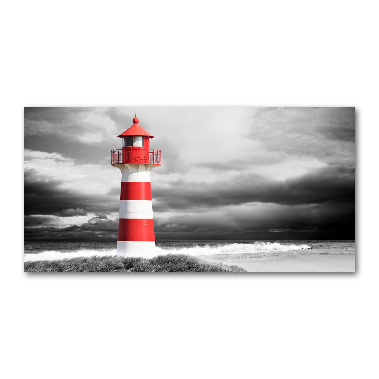 Tableau paysage de phare rouge sur verre : une décoration marine panoramique de 120x60 cm pour salon
