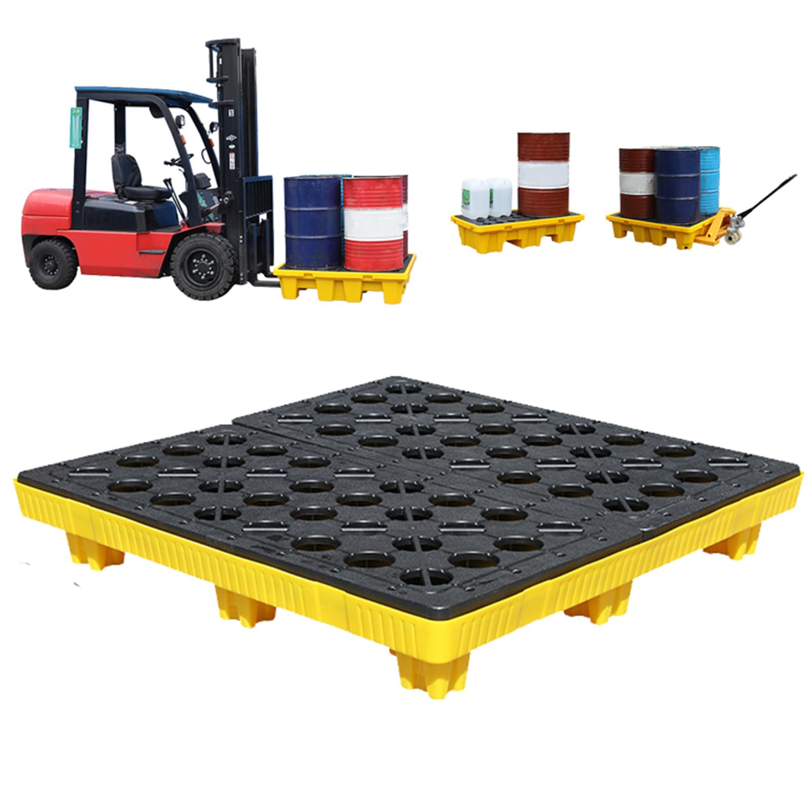 Plateforme de rétention modulaire et palette empilable pour fûts d'huile avec grilles amovibles
