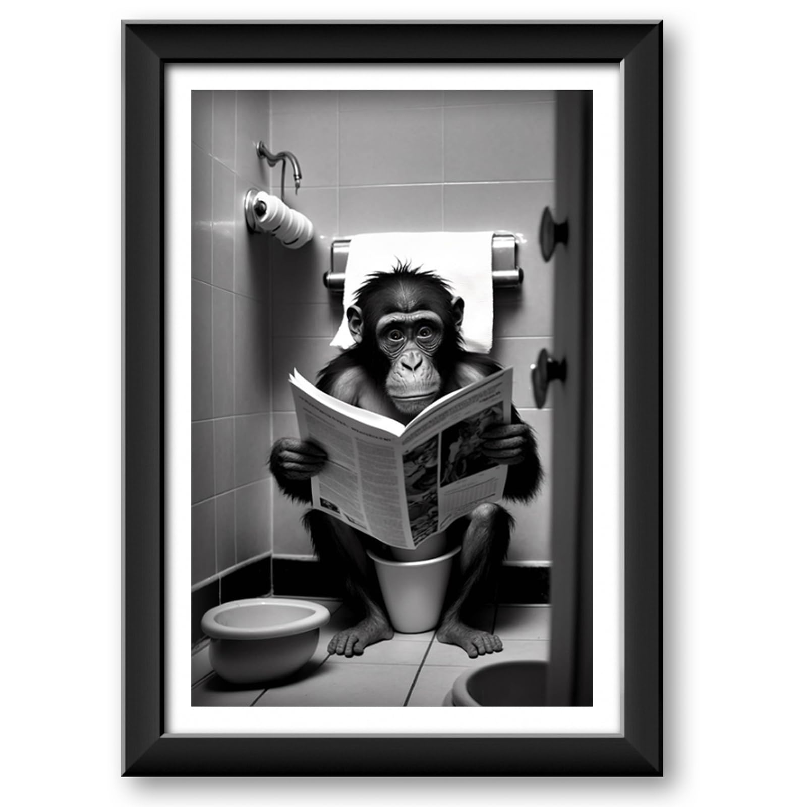 Zamety Bathroom Wall Art, Funny Monkey Bathroom Pictures, Toilet Wall Art Poster of Monkey Reading Newspaper, Humorous Canvas Toilet Decorations, Without Frame, 12 x 16 Inches