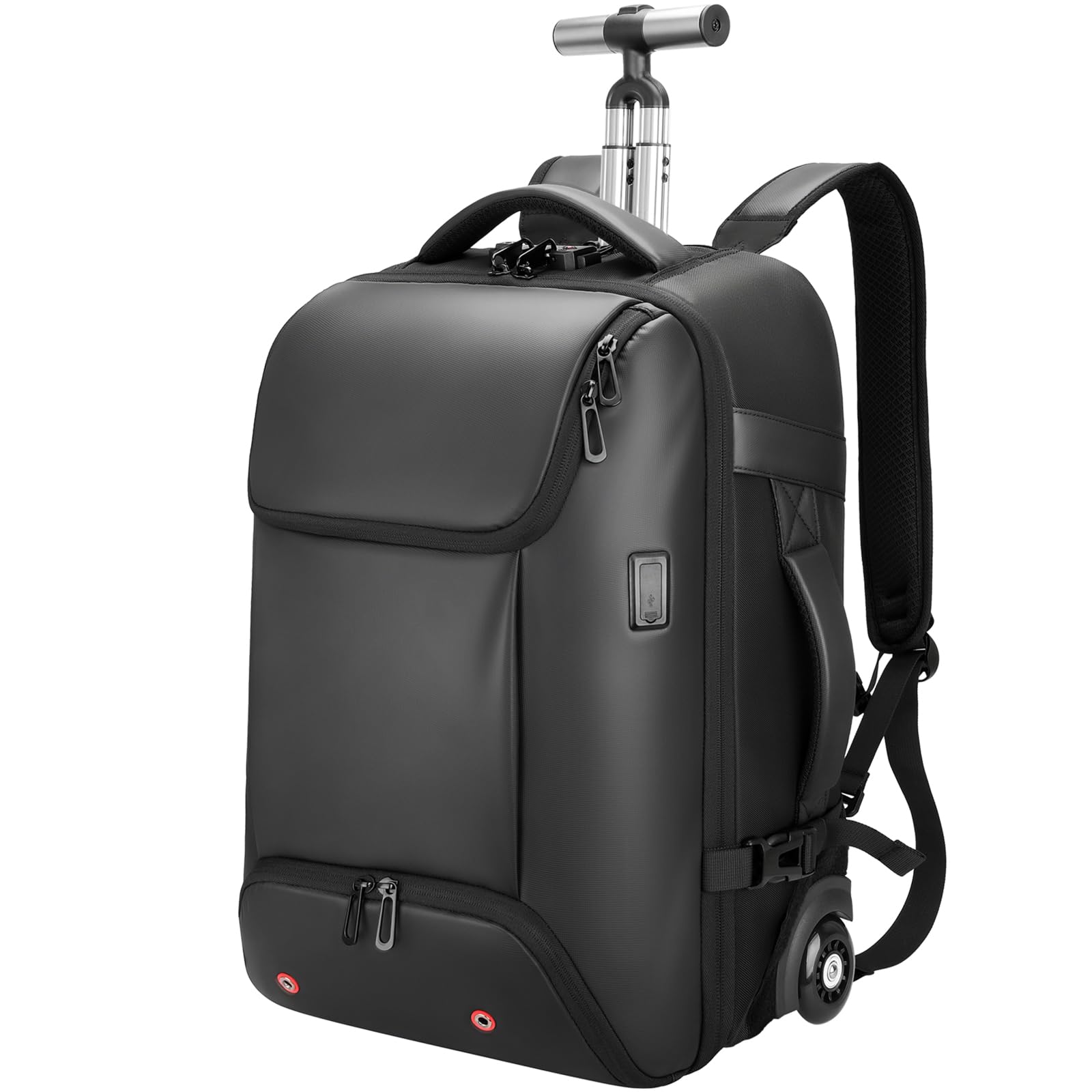Reiserucksack mit rollen,17 Zoll Laptop trolley rucksack, Wasserfester Handgepäck-Rucksack mit USB-C-Anschlüssen, Diebstahlsicher für Reisen, Geschäftsreisen und Pendeln, Schwarz