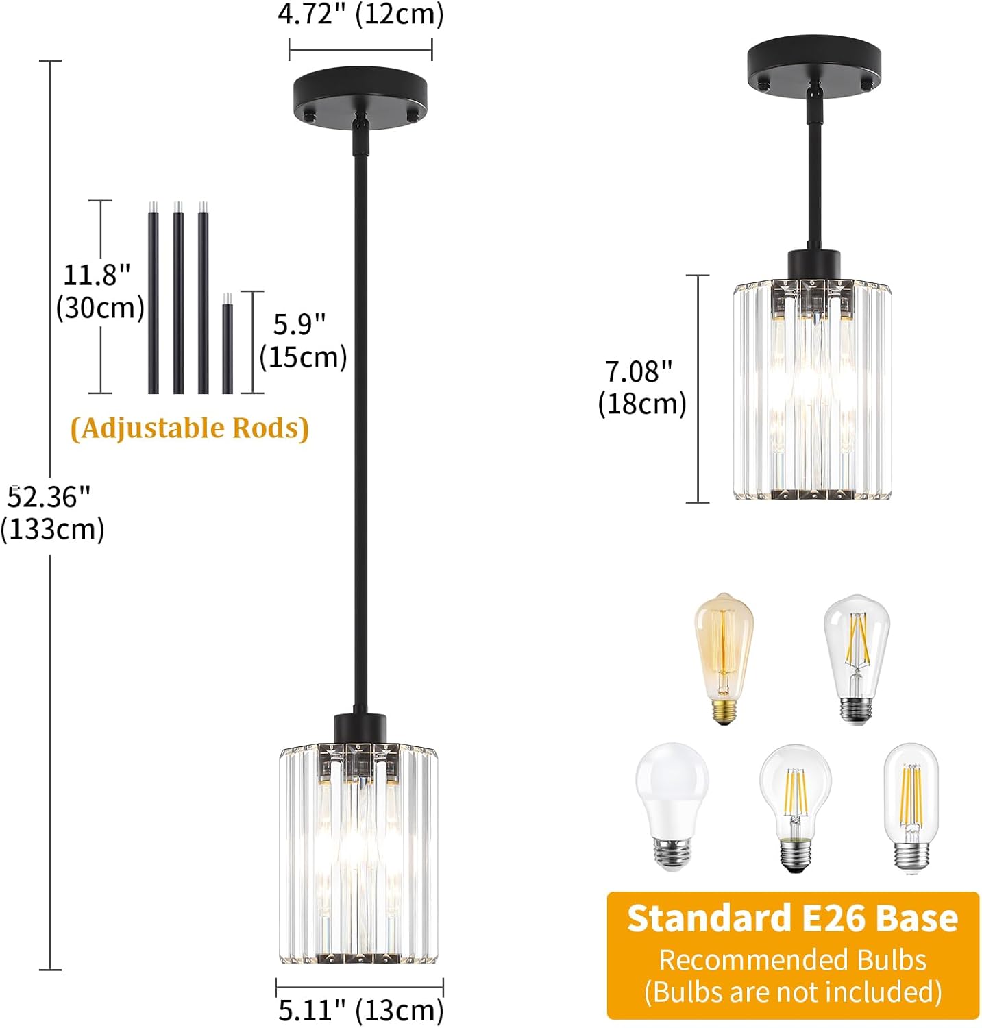 2-Pack Black Pendant Lights Kitchen Island Modern Crystal Hanging Pendant Light Hexagonal Mini Chandelier Adjustable Hanging Kitchen Lights for Dining Room Hallway Bedroom Entryway Light Fixtures