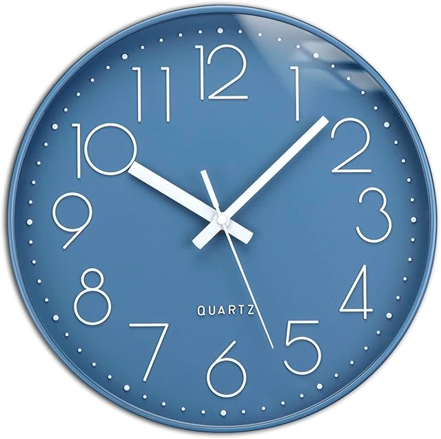 Wall Clocks Modern Non-Ticking Silent 12 Inch Decro Quartz Blue Clock Battery Operated Easy to Read for Room, Home, Kitchen, Bedroom, Office, School