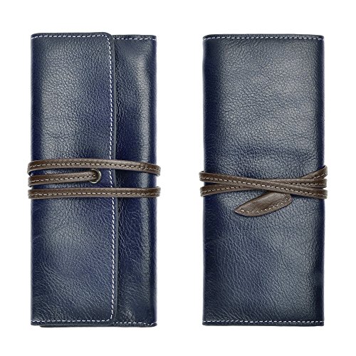 Image of ZLYC Handmade Leather Pencil Case Soft Roll Bag Stationery Gift,Blue | multi slot pen storage design,school class daily use,office desk organizer,graduation holiday gift,foldable portable size