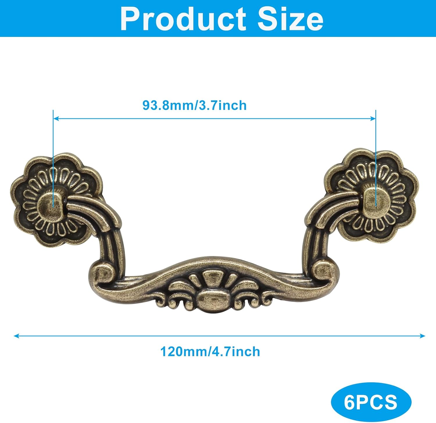 6PCS 3.75 Inch Vintage Drop Pulls,Antique Bronze Drawer Pull Handles Bail Handle(3.75" Hole Spacing,4.5" Total Length)