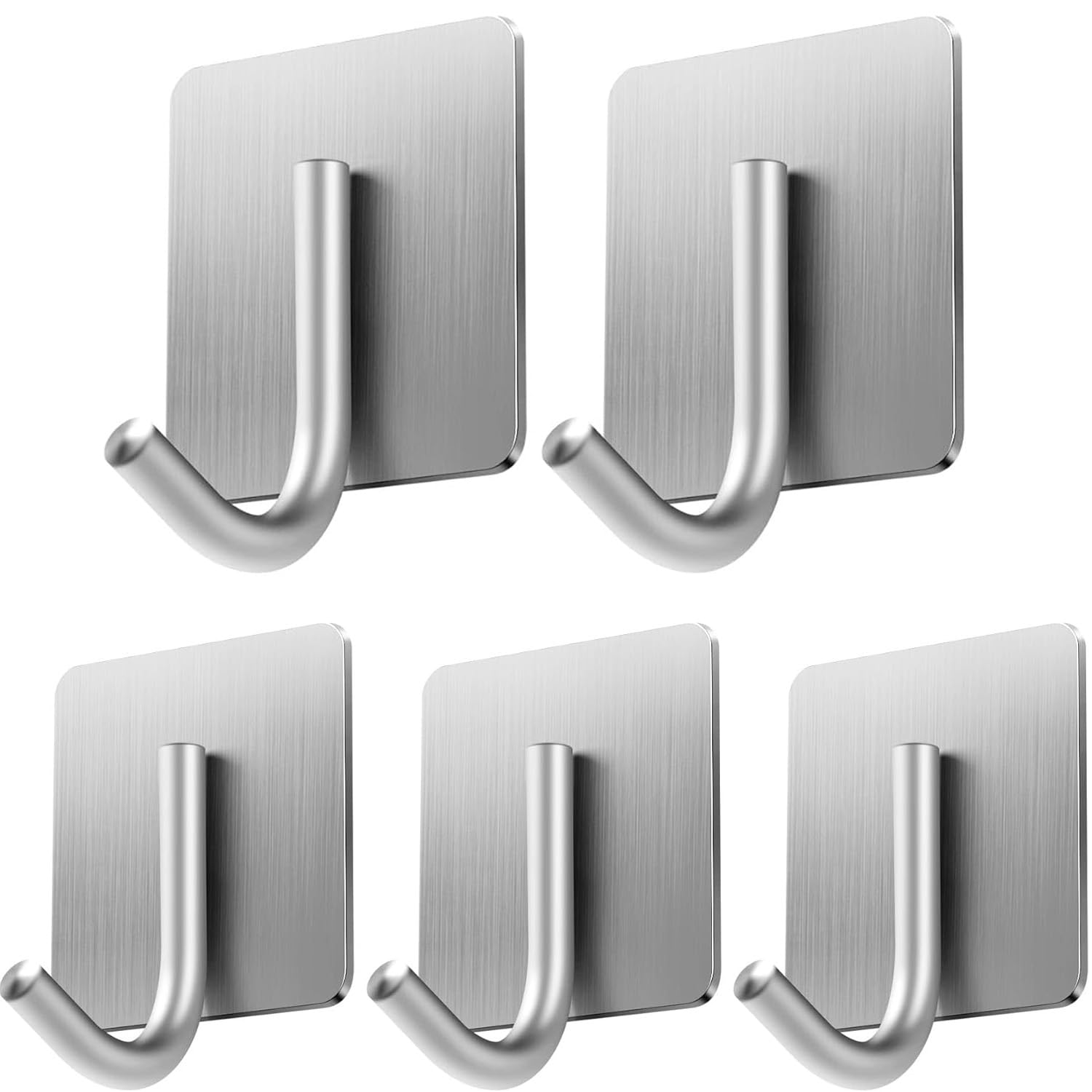 JIALTO 5 Pcs Self-Adhesive Stainless Steel Hooks Heavy-Duty Wall Hangings, Waterproof & Drill-Free – Strong Towel, Coat and Kitchen Hooks for Bathroom and Kitchen (Joint J Hook Silver)