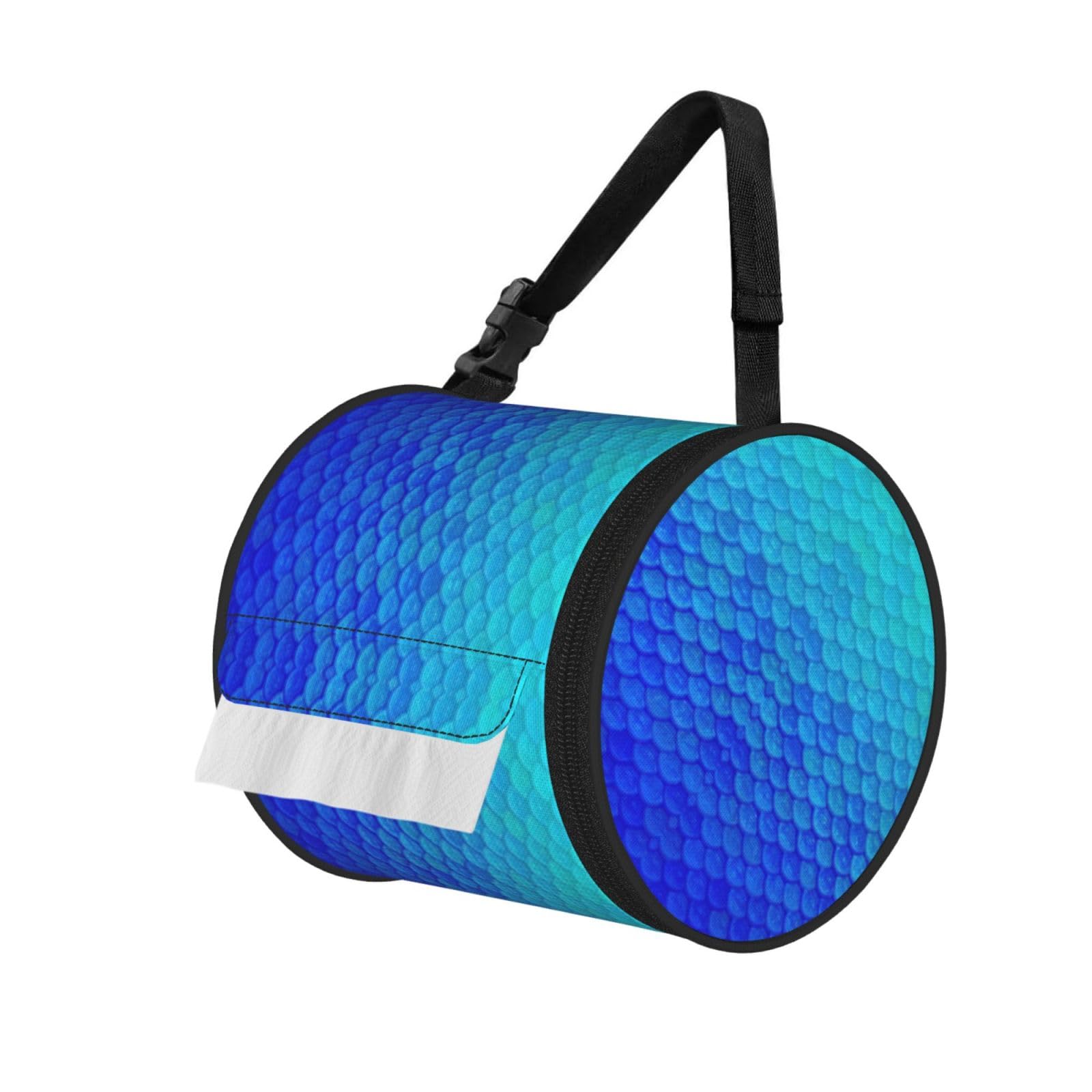 Ocean Sea Blue Mermaid Fish Scale Printed Roll Paper Carrier Bag, Foldable Oxford Cloth Tissue Case for Camping Hiking Backpack