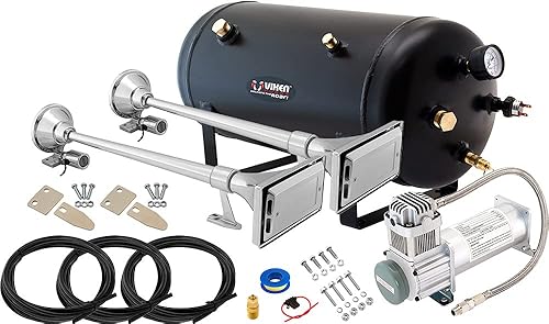 Vixen Horns Tanque de 5 galones (18 litros) con sistema integrado de compresor de 200 PSI/kit de 12 V (VXO8350) con dos bocinas de aire individuales