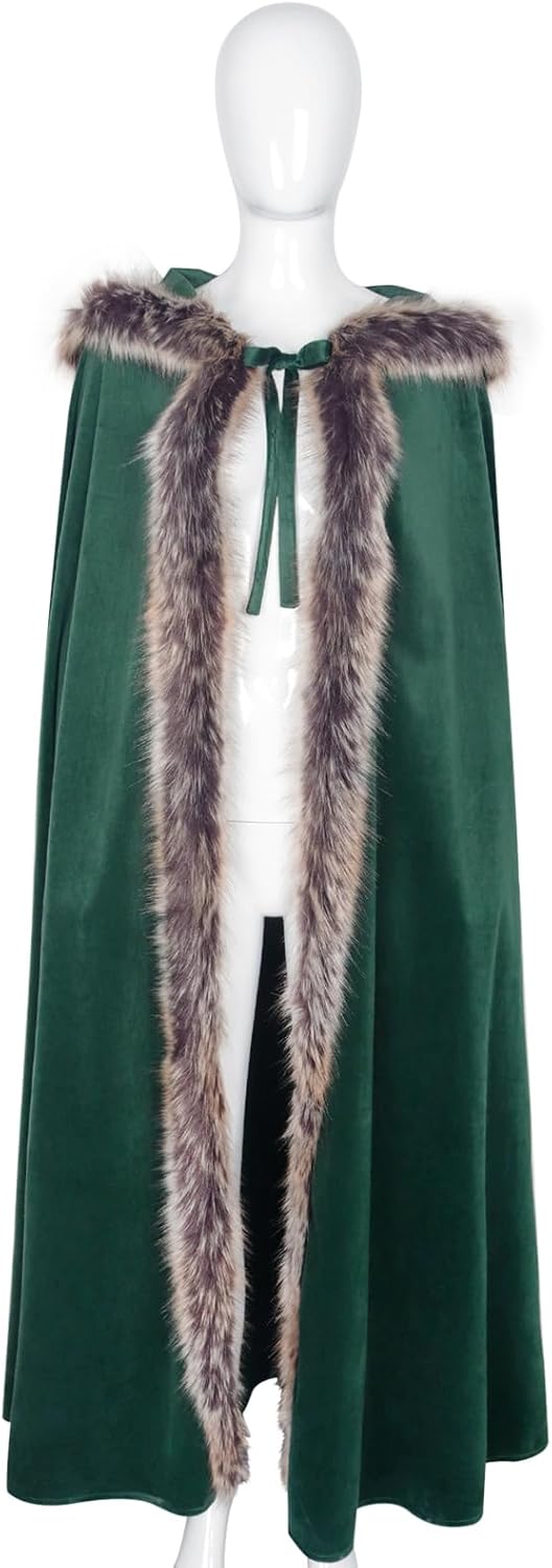 Joukavor Viking Fur Hooded Cloak Medieval Velvet Cape with Hood for Halloween - Image 7