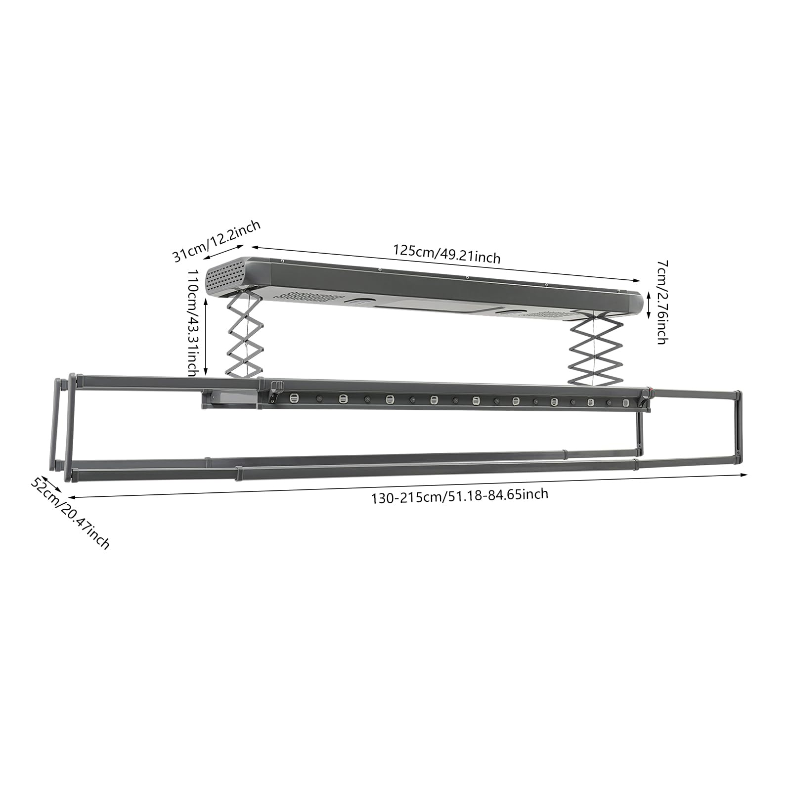 Elektrischer Wäscheständer Decke für Wand und Decke mit Fernbedienung, ausziehbar, aus Aluminium und Stahl, 35KG Tragfähigkeit (Grau)