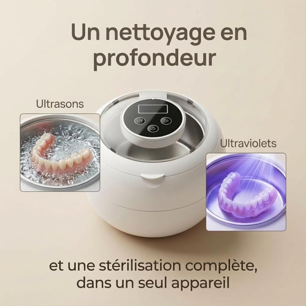 Dentaclean Nettoyeur Ultrasons 42000Hz Stérilisateur Ultrasonique UV Pour Gouttières Dentiers Aligneurs Blanc