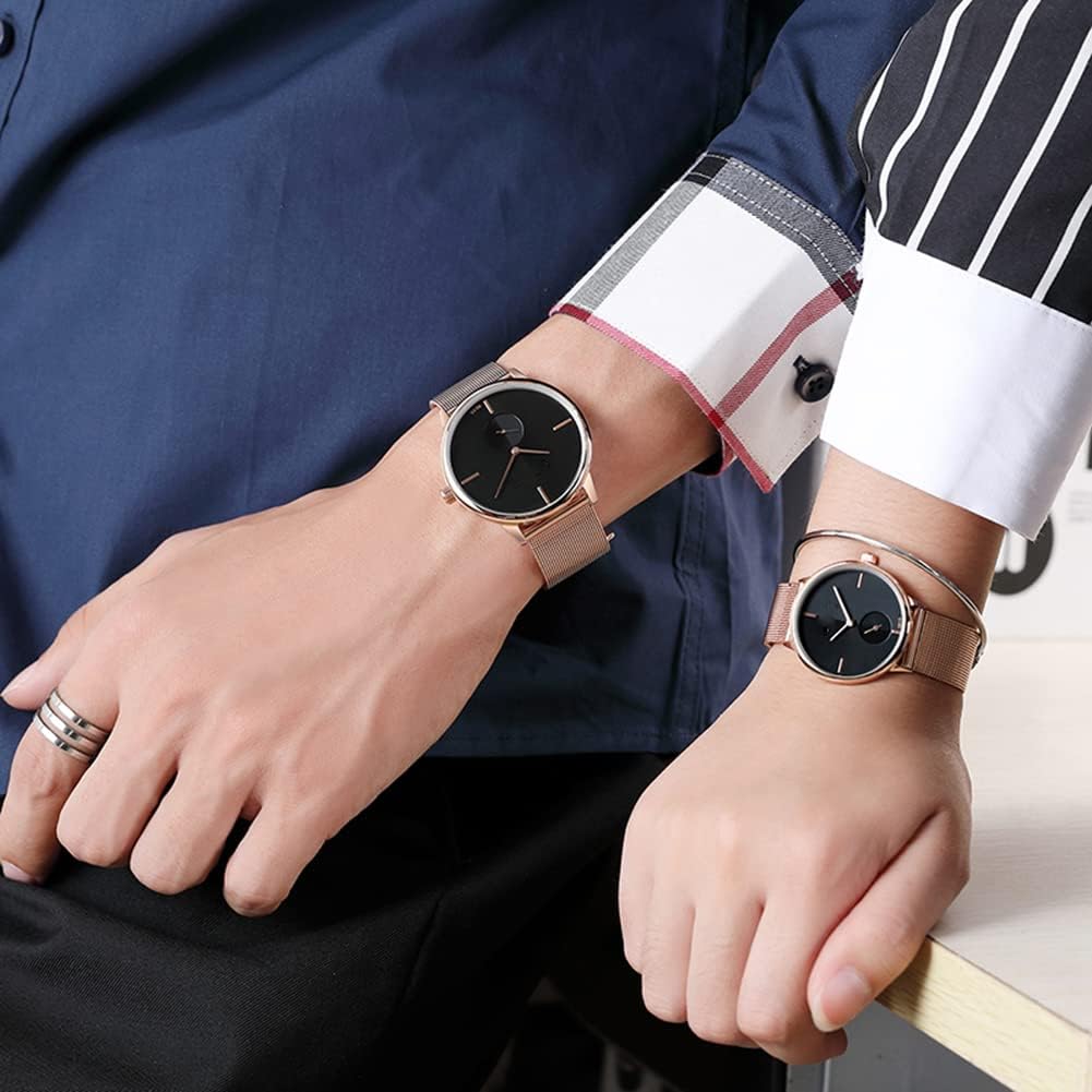 SENRUD Ultra Thin Simple Couples Watches His and Hers Stainless Steel Mesh Strap Pair Watch Gifts Set Men and Women Quartz Watches - Image 5
