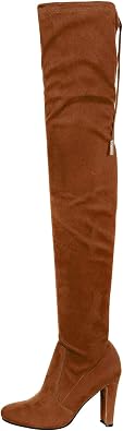 Nature Breeze Womens Stretchy Thigh High Pull String Chunk Heel Combat Boots