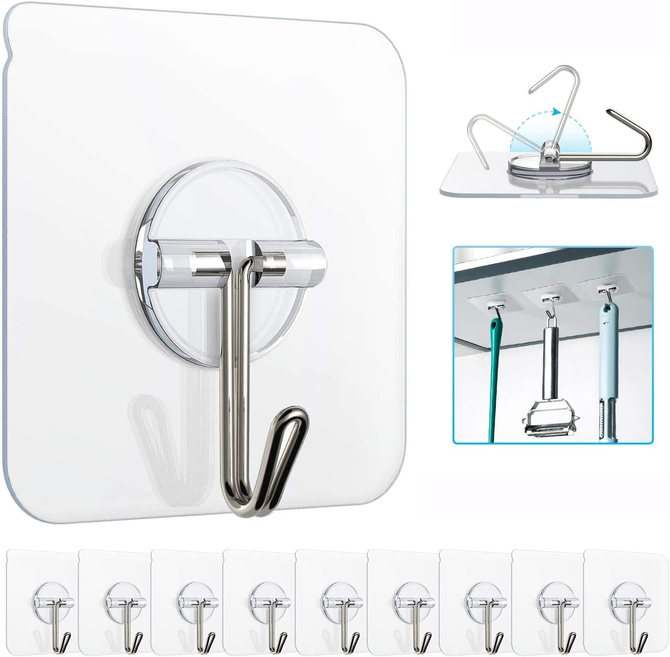 JIALTO 10 Pcs Adhesive Hooks Kitchen Wall Hooks-Heavy Duty 5 Kg (Max) Nail Free Sticky Hangers with Stainless Hooks Reusable Utility Towel Bath Ceiling Hook