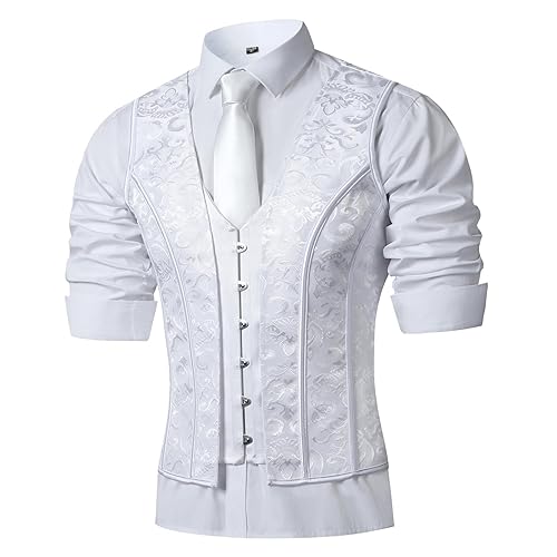 HUAMYTH Men Corset Suit Vest White Dress Waistcoat Slimm Fit Medieval Tops For Wedding Stage