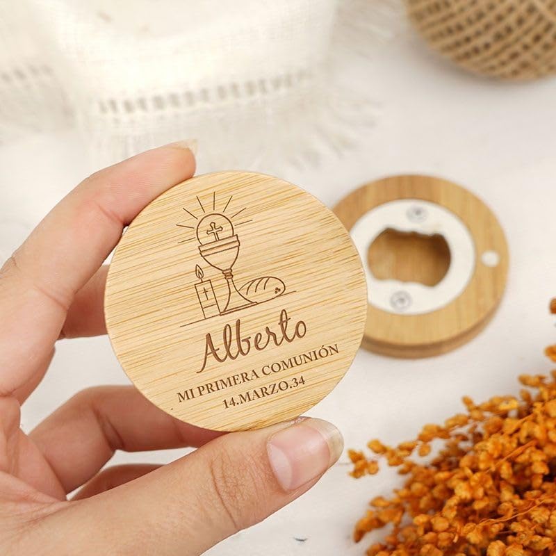 Abridores de Bambú Magnéticos con Mensaje | Abrebotellas para Regalo de Comunión, Bautizo, Boda | Detalle personalizado para Invitados | Bodapix (25)