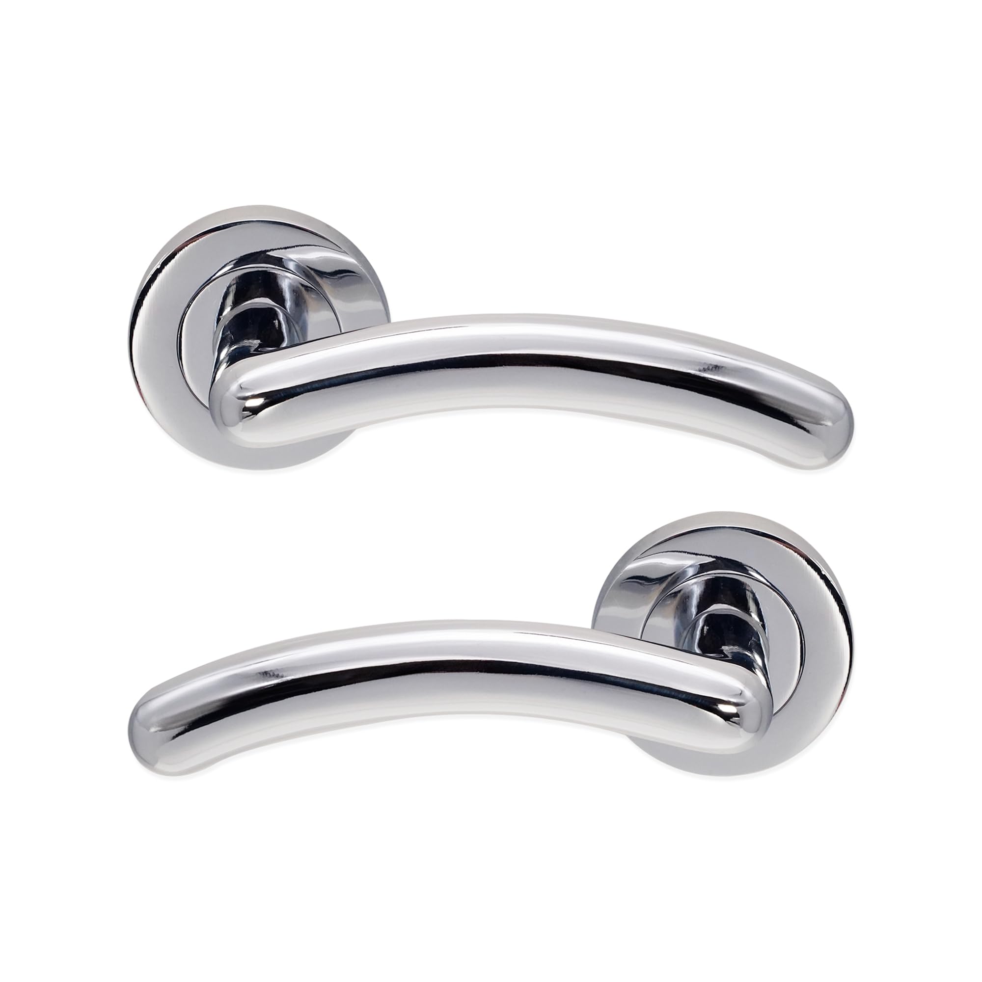 Infinity Decor Pair of Modern Polished Chrome Tang Curved Lever on Rose Door Pull Handles Pack – Ideal for Internal & External Use