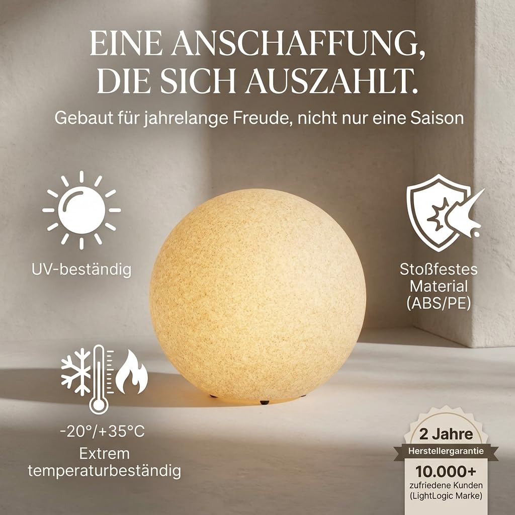 Kugellampen für Außen 30 cm Sandstein IP65, Garten Kugelleuchte E27 ohne Leuchtmittel, Wetterfest mit 3 m Kabel, Leuchtkugel Outdoor LL BELO