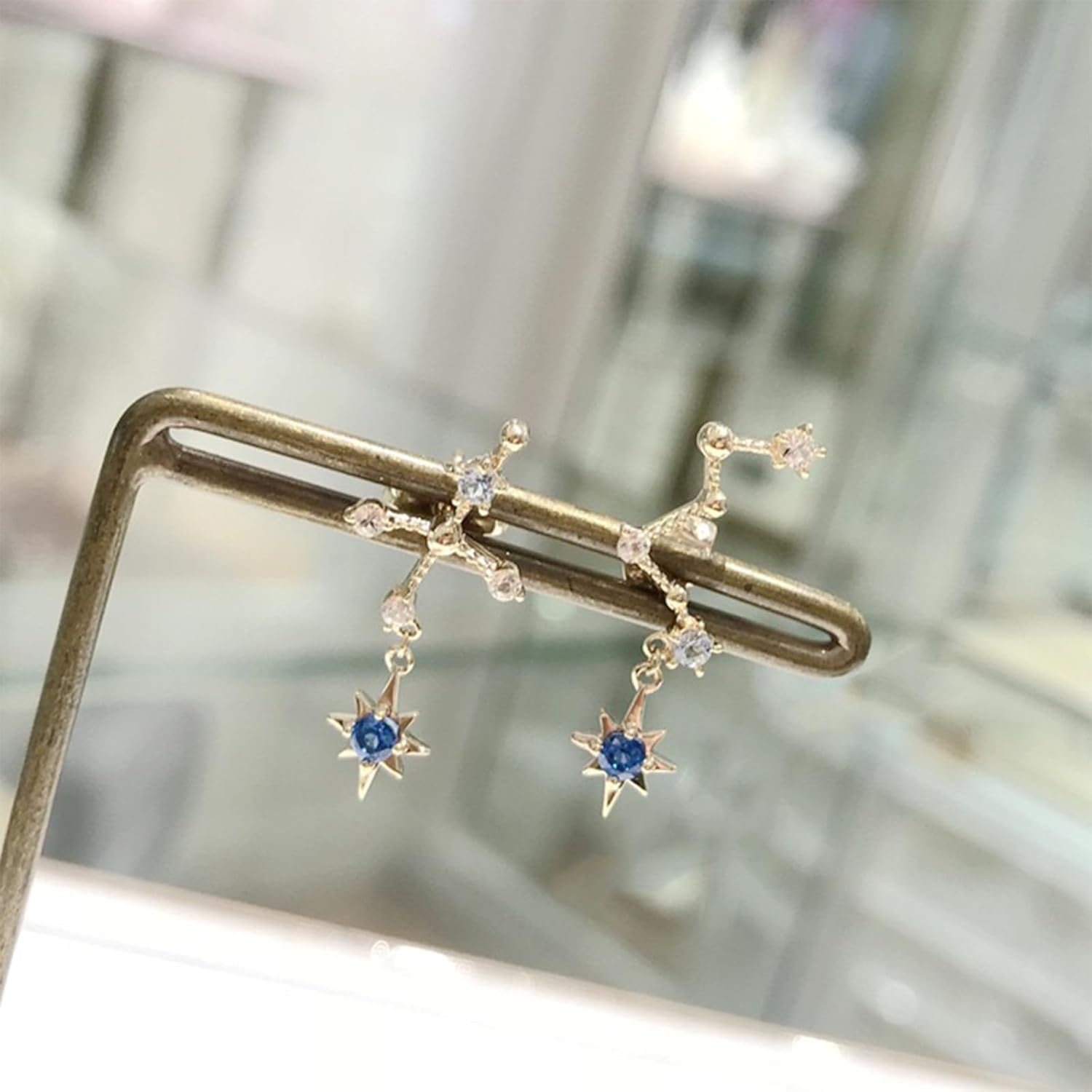 18K Gold Plated Sterling Silver Night Sky Stud Earrings, Asymmetric Cassiopeia & Southern Cross Stars with Blue Topaz Accent, Elegant Gift for Women Who Love the Stars