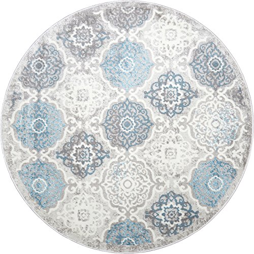 Boho Andorra Transitional Damask Area Rug, Grey/Blue, 7'10 Round