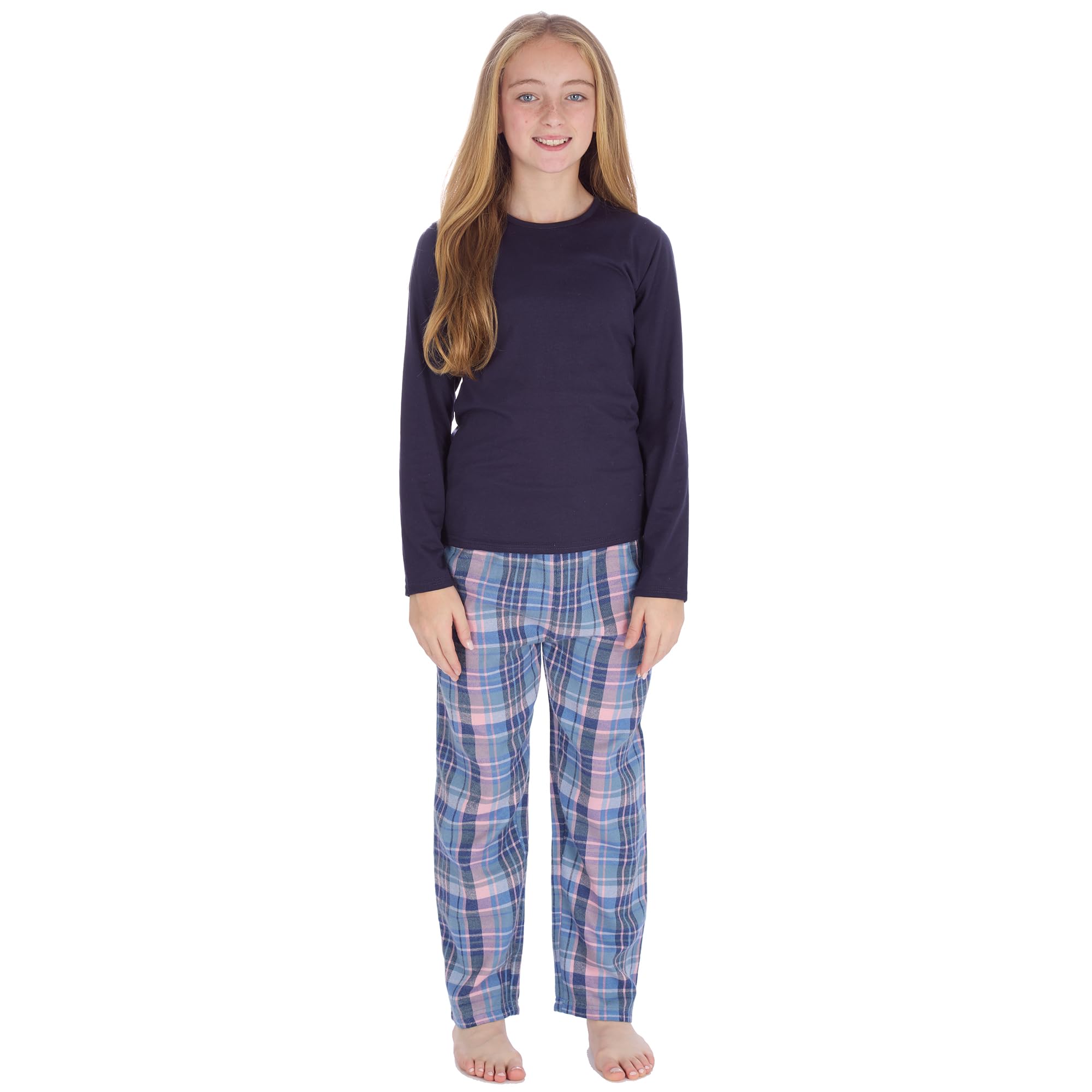 Undercover Girls Navy Denim Check Plain Top With Checked Trousers Cotton Blend Navy Denim Check 13 Years