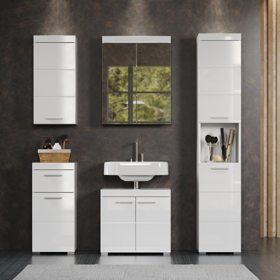 trendteam smart living - Amanda - Kommode - Weiß Hochglanz - Standschrank - (BxHxT) 37 x 79 x 31 cm - Badschrank mit 1 Tür und 1 Schublade - silberfarbene Griffe - universal einsetzbar - Kratzfest