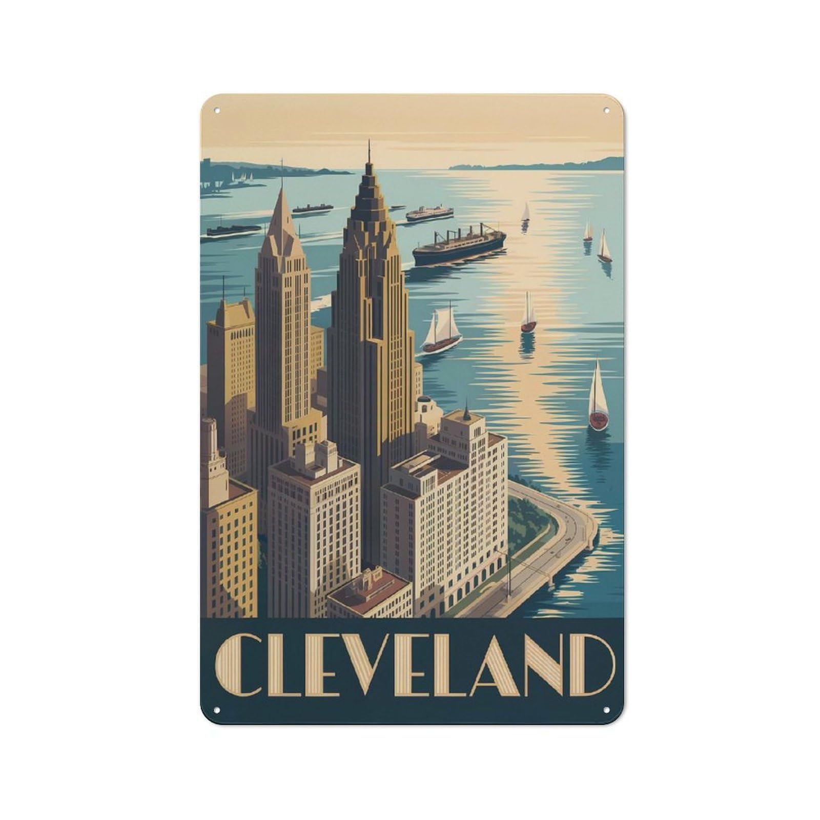 Junmoney Style-23 Decorative Tin Plaque With Cleveland Cityscape Art Deco Style Design 30X20cm, Nostalgic Home Bar Decor For Bar, Kitchen, Garage Or Games Room