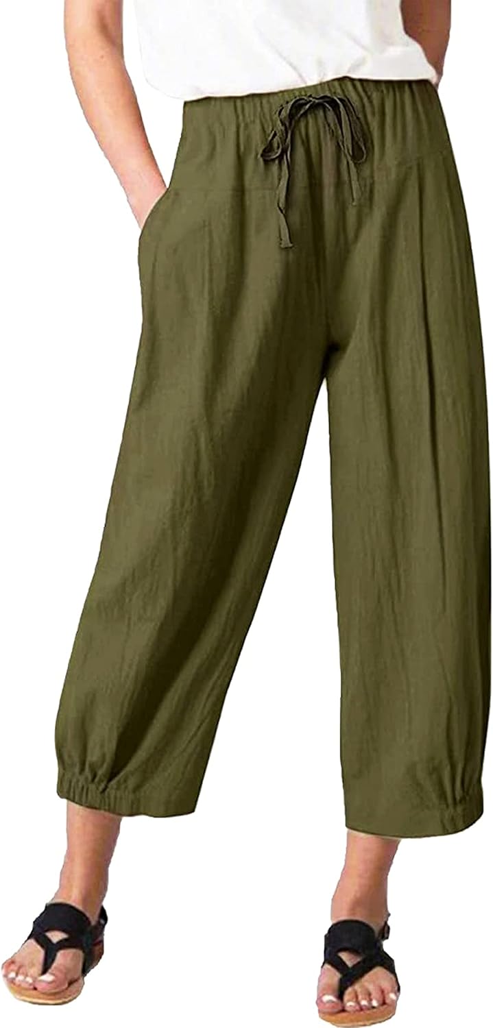 Oulivey Women's Summer Cropped Pants Elastic Drawstring High Waist Wide