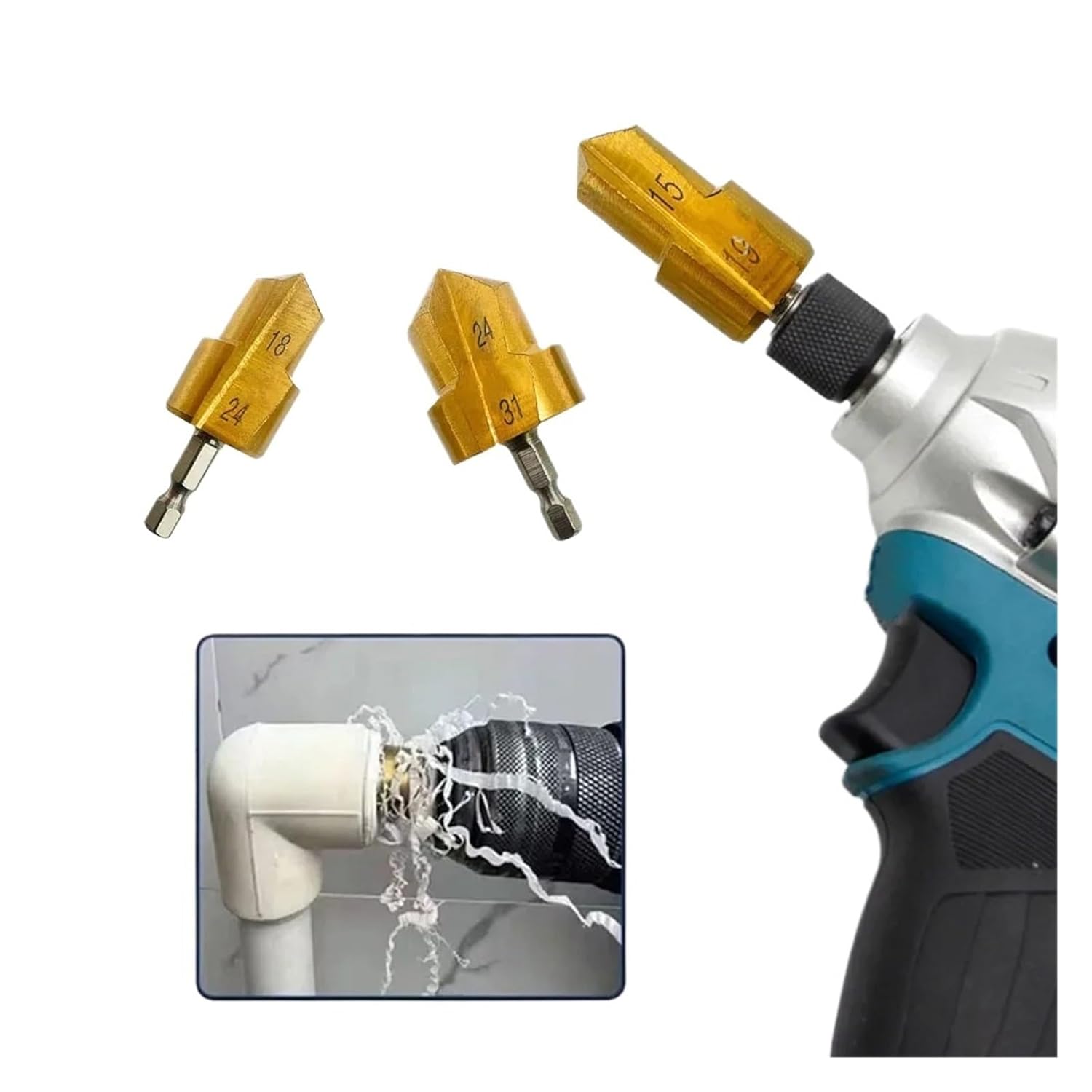 Three-Flute Countersink Drill 2pcs 3 Flute Hexagonal Shank Drill Bit Water Pipe Expansion Punch Plumber Puncher Power Tool(B)
