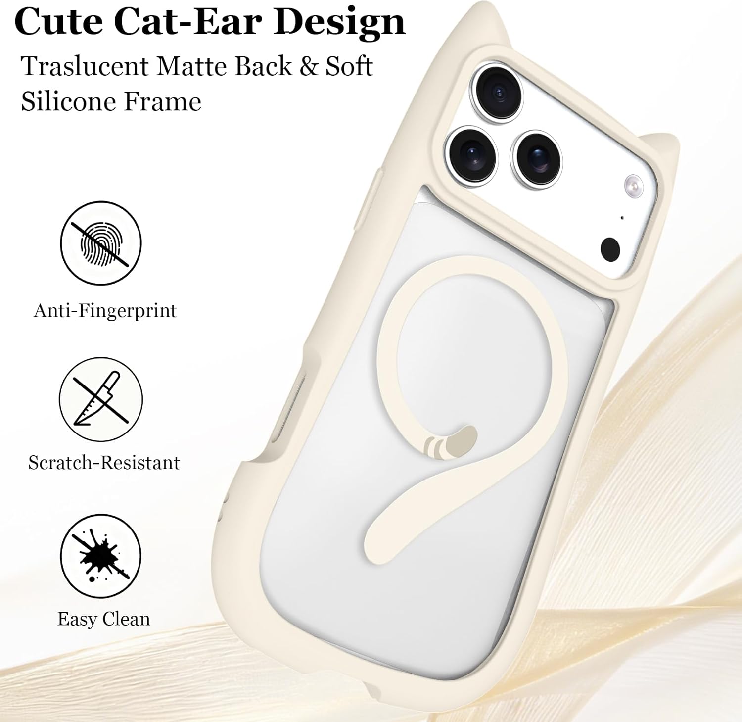 Cute Cat Case for iPhone 17 Pro, Compatible with MagSafe, 3D Cat Ear Design with Tail, Soft Bumper and Hard PC Back, Anti-Scratch Shockproof Animal Phone Cover for Women Girls, White