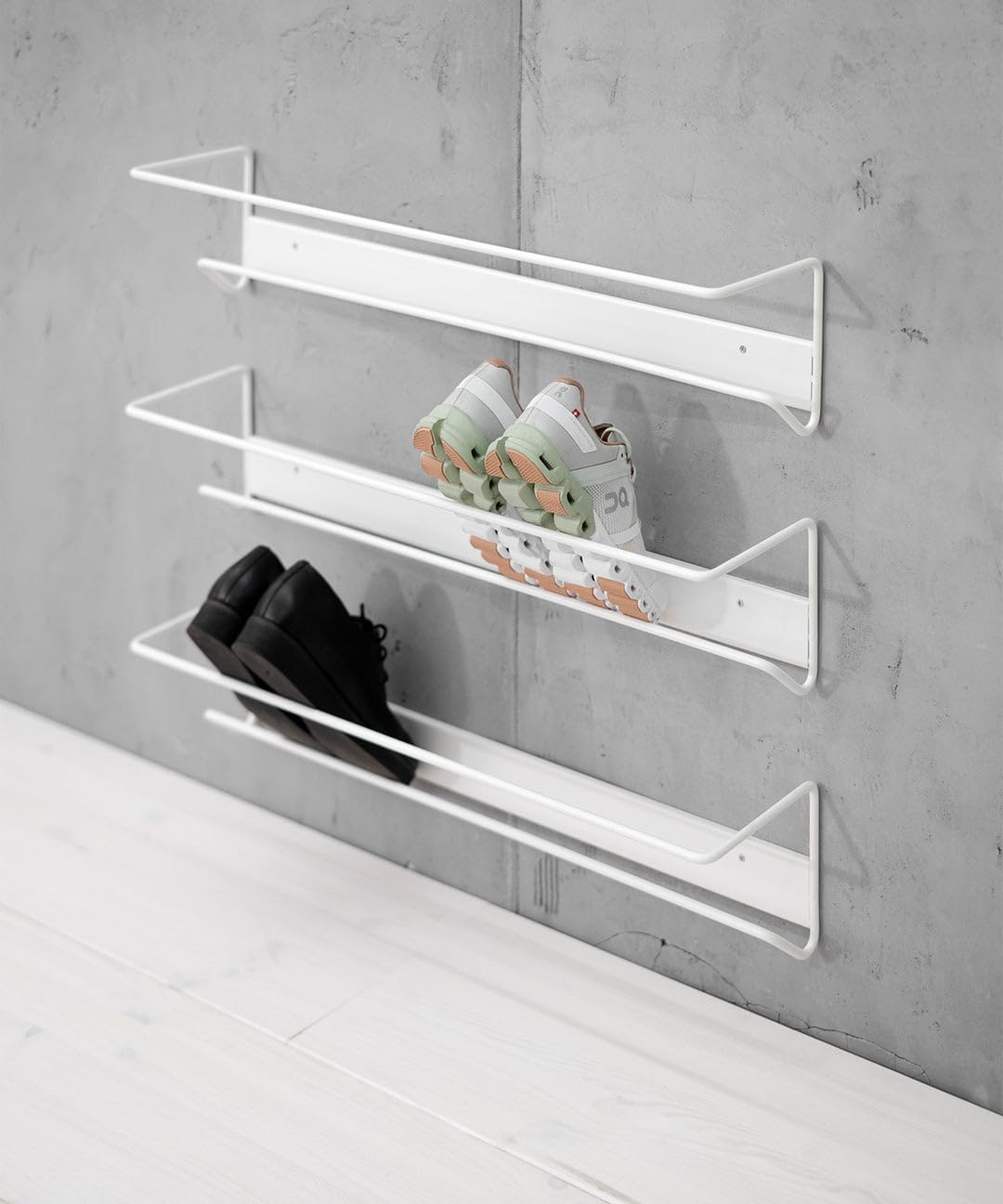 Metal Wall Mounted Shoe Rack | Metal Shoe Organizer | Vertical Entryway Storage | Minimalist Floating Shoe Shelf for Narrow Hallways, Closets & Doors (White)-image-10