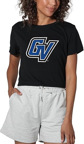 Colección oficial de camisetas cortas con logotipo primario desgastado universitario para mujer, color negro