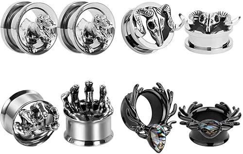 TBOSEN 4 pares de tapones para los oídos de túnel de acero inoxidable de estilo mixto, dilatadores, dilatadores, piercing, kit de medidores de oreja