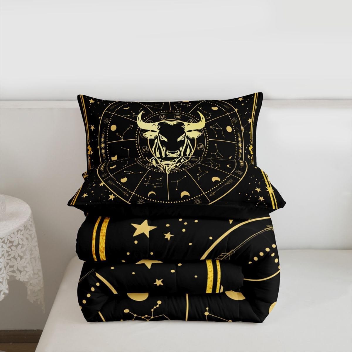 Erosebridal Taurus Bedding Set Twelve Constellations Zodiac Comforter Set Queen,Kids Boys Girls Room Decor,Sun and Moon Stars Down Comforter,Black and Gold Exotic Quilt Set,Vintage