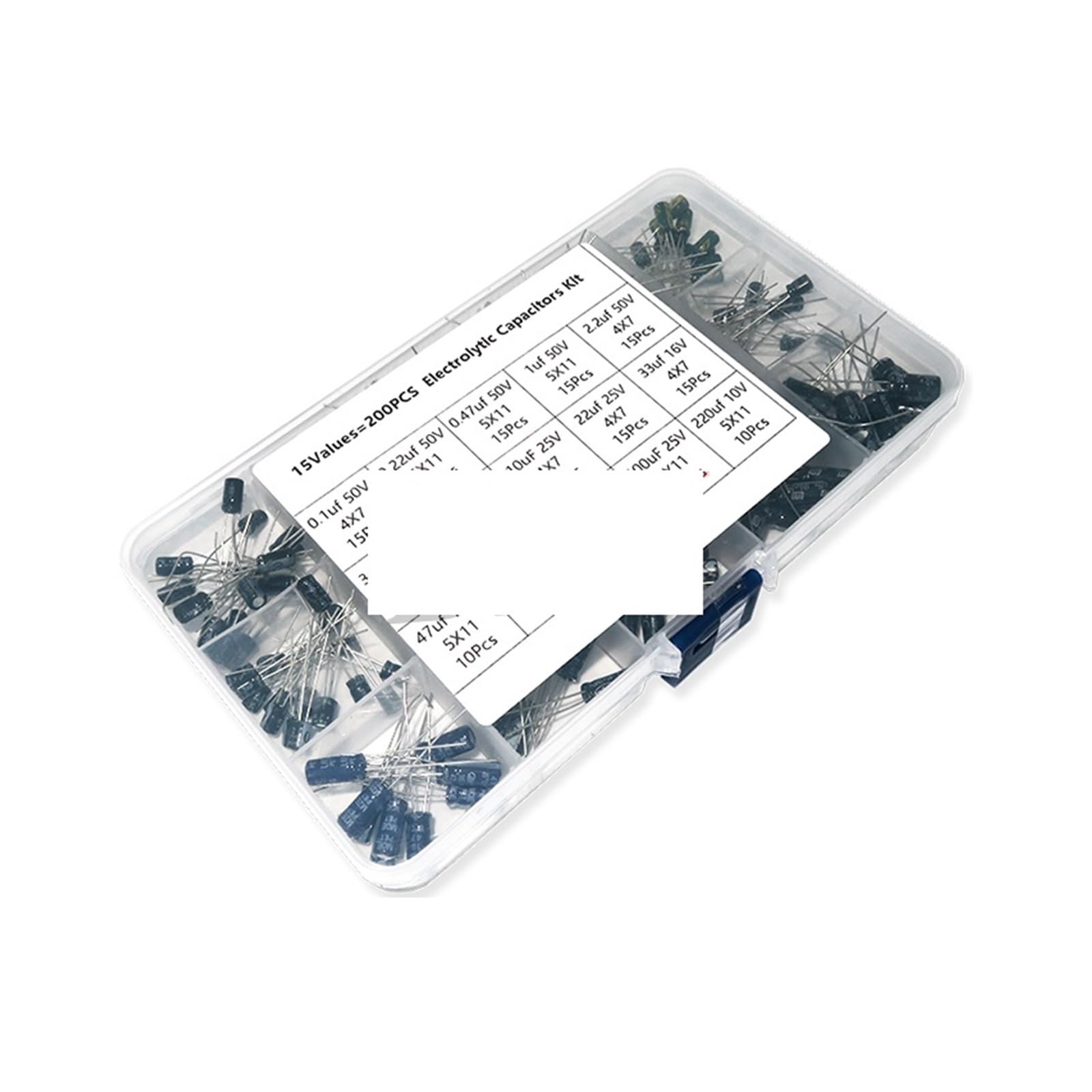 ICXLPMC 15Kinds Electrolytic Capacitor Organization Storage 200PCS/LOT 0.1-220uF Capacitors Assortment Box Kit