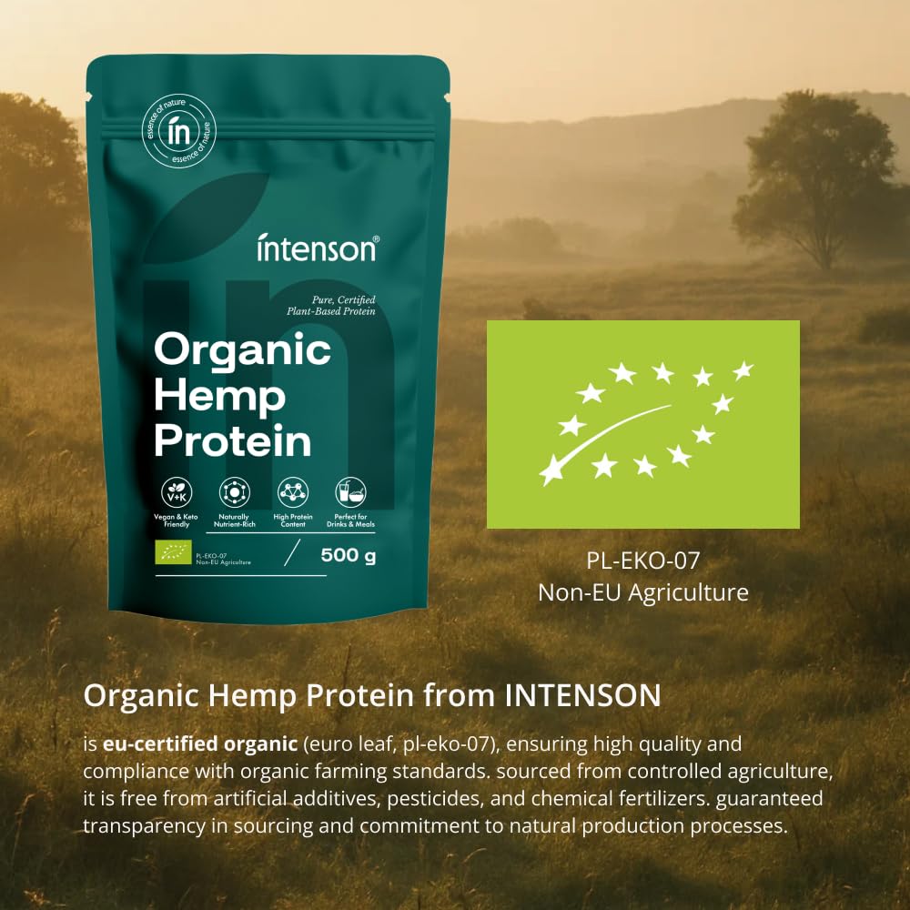 Intenson Proteine di Canapa Bio, 500 g, Biologico Certificato UE, Alto Contenuto Proteico, Supporta il Mantenimento e la Rigenerazione Muscolare, Vegano, Senza Glutine, Senza Additivi, Senza Lattosio