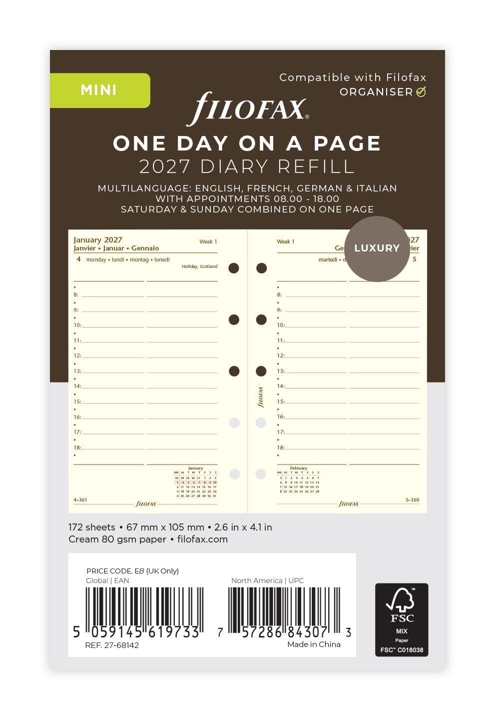 Filofax Mini Day per page cotton cream 4 language 2027 diary 27-68142