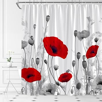 AYDSMYD Poppy Shower Curtain Red Gray Floral Elegance Retro Abstract Flower Plant Leaves Home Fabric Bathroom Decor Set Inclu
