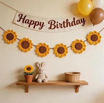 Handmade Crochet Sunflower Garland Banner Boho Floral Wall Hanging Spring Flower Party Backdrop Yellow Themed Children's Birthday Decoration Flower Room 2   set