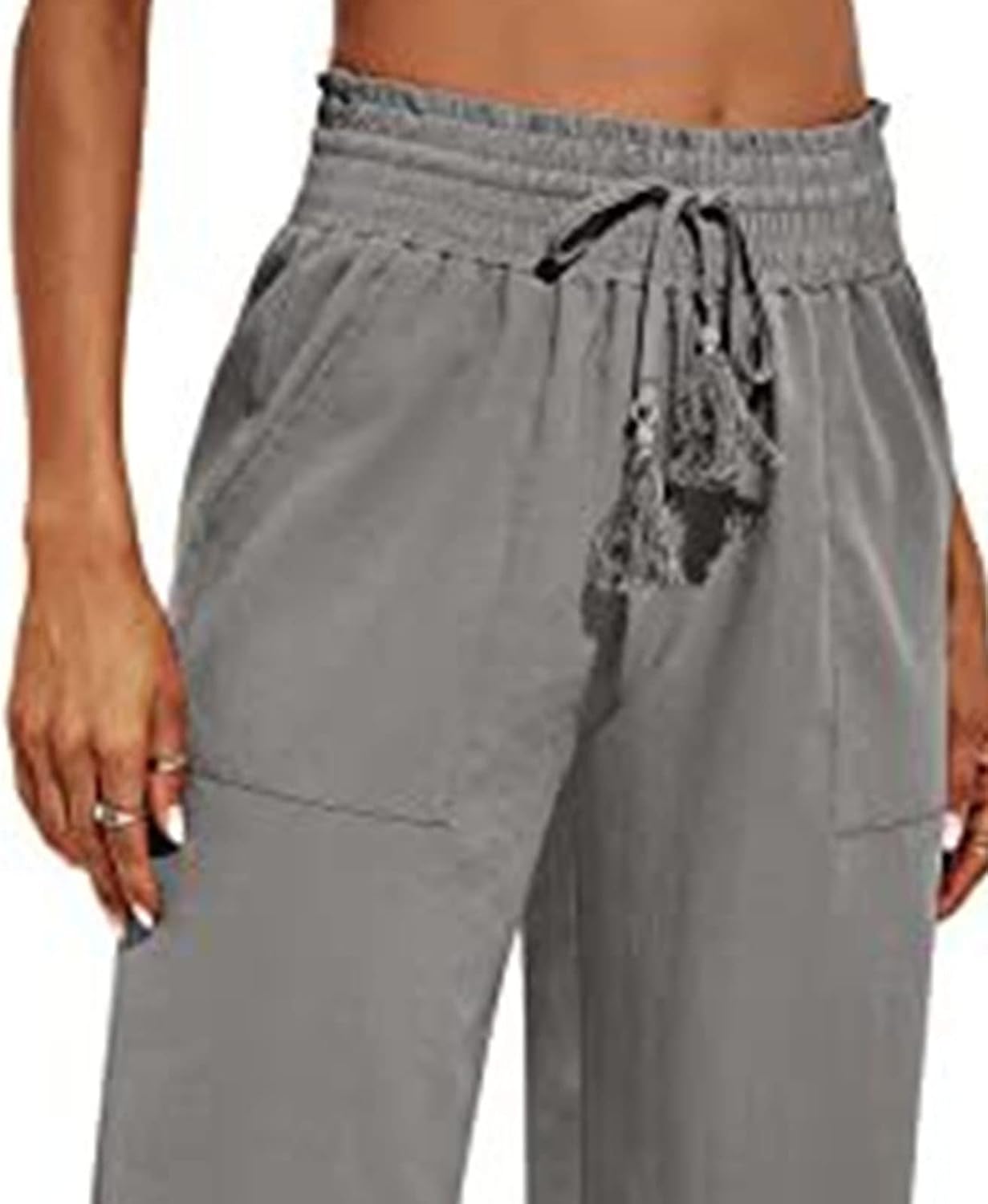 DGHM-JLMY Casual Loose Wide Leg Pants Women Cotton and Linen Drawstring Cropped Pants with Pockets Elastic Trousers