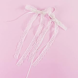 Lace Hair Bow with Long Tail Coquette Bows - Elegant White Ribbon Hair Accessory Hair Ribbons for Women (A Pair)